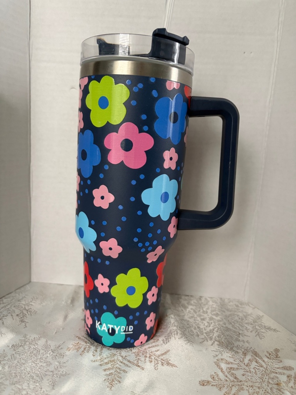 Katydid Navy Floral Travel Tumbler with Bright Blooms